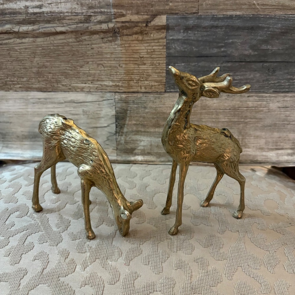 Vintage Brass Deer Figurines Pair Buck and Grazing Doe MCM Christmas Decor